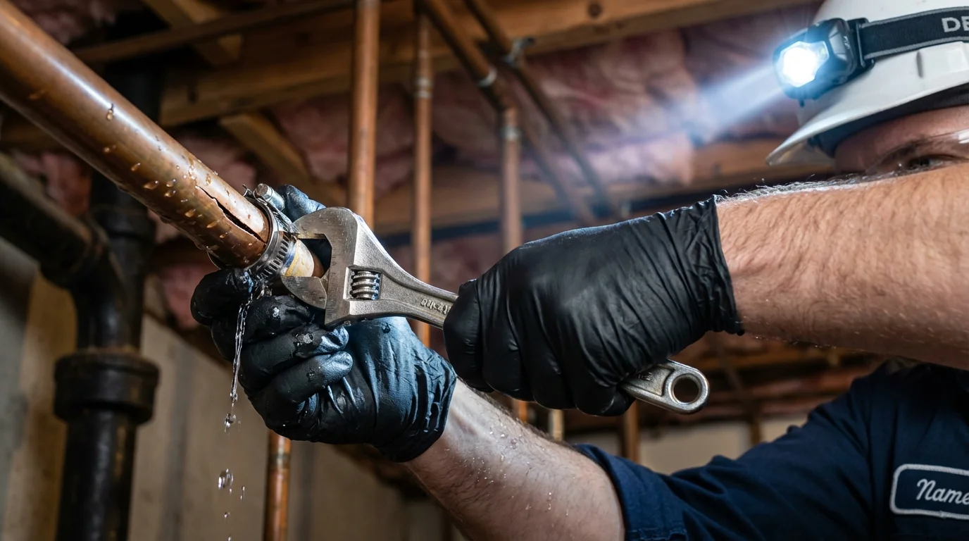 Emergency pipe clamp repair being performed by a Johns Plumbing LLC plumber in Phenix City