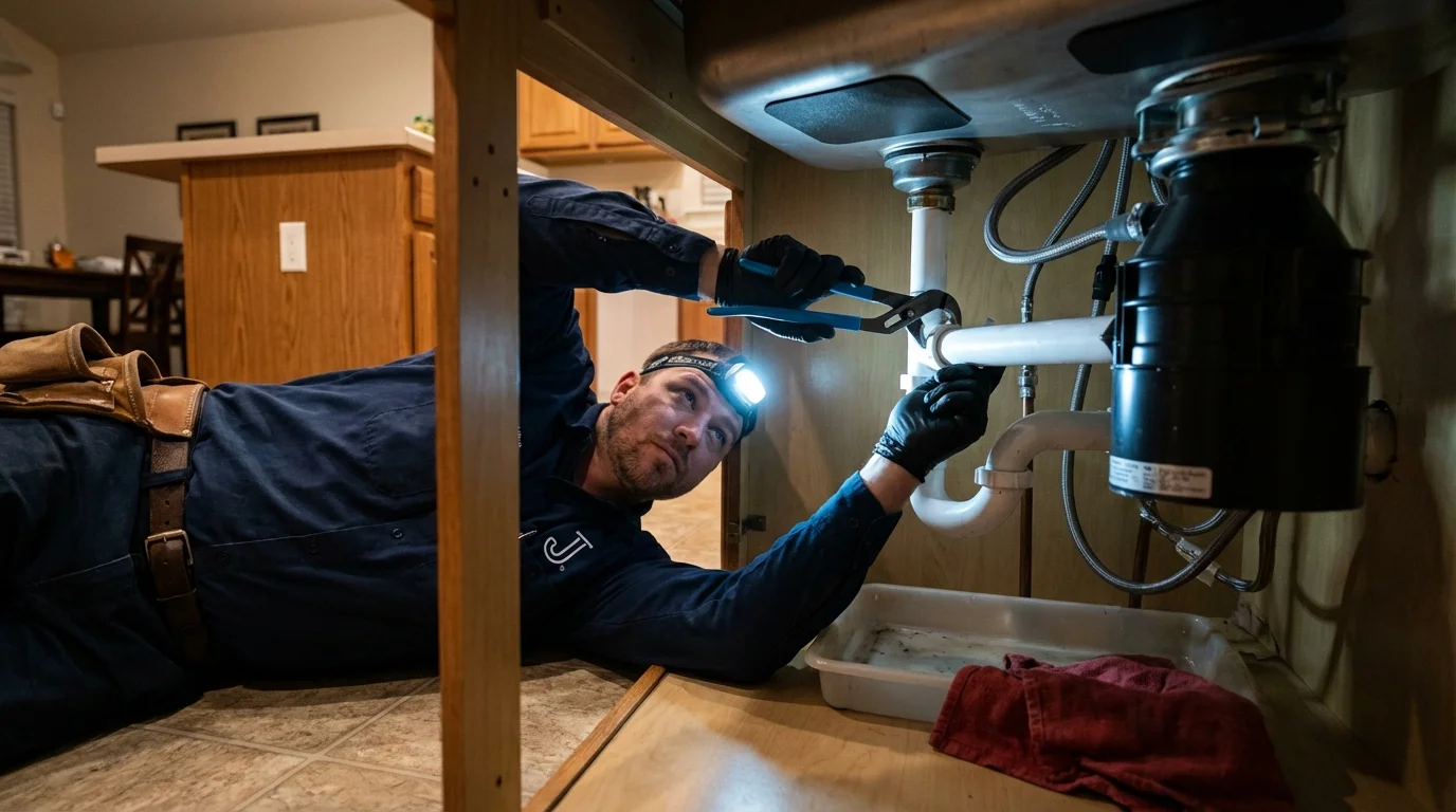 P-trap and supply line connections under a kitchen sink showing a common leak point in Phenix City, AL